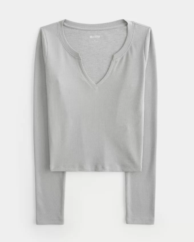 Ribbed Seamless Fabric Notch-Neck Top,Ribbed Seamless Fabric Notch-Neck Top