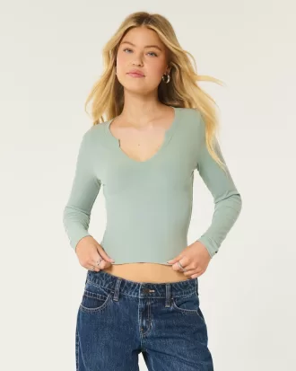 Ribbed Seamless Fabric Notch-Neck Top,Ribbed Seamless Fabric Notch-Neck Top