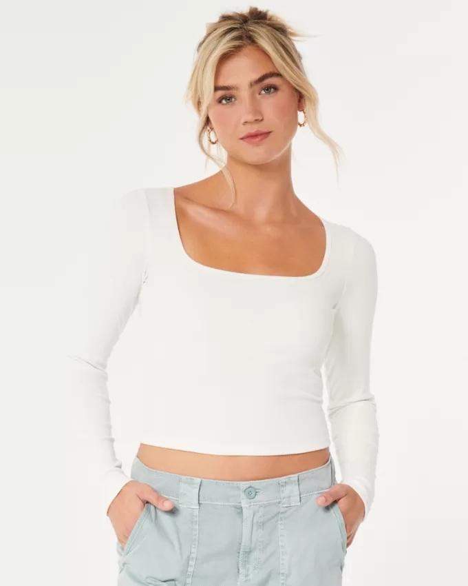 Ribbed Seamless Fabric Square-Neck Top,Ribbed Seamless Fabric Square-Neck Top