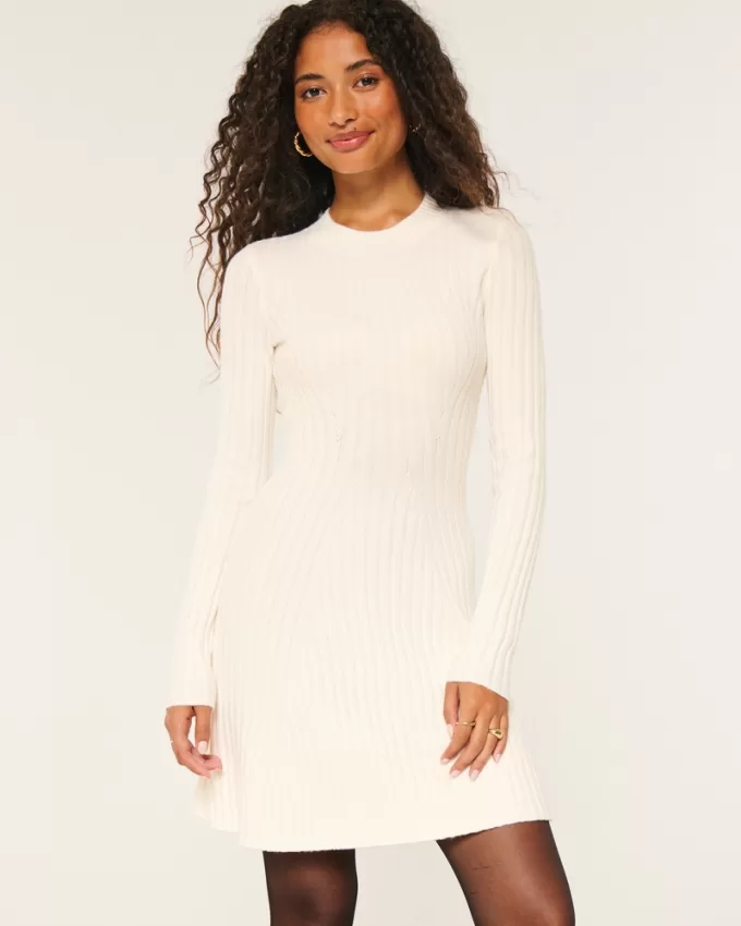 Ribbed Skater Mini Sweater Dress,Ribbed Skater Mini Sweater Dress