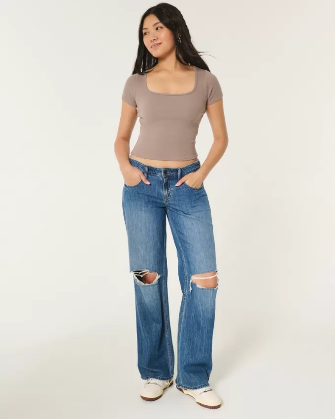 Ribbed Square-Neck Baby Tee,Ribbed Square-Neck Baby Tee