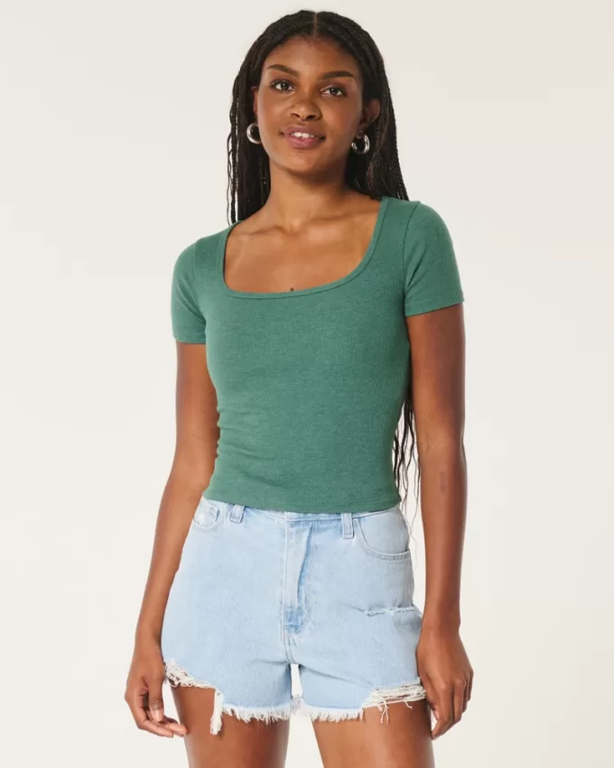 Ribbed Square-Neck Baby Tee,Ribbed Square-Neck Baby Tee