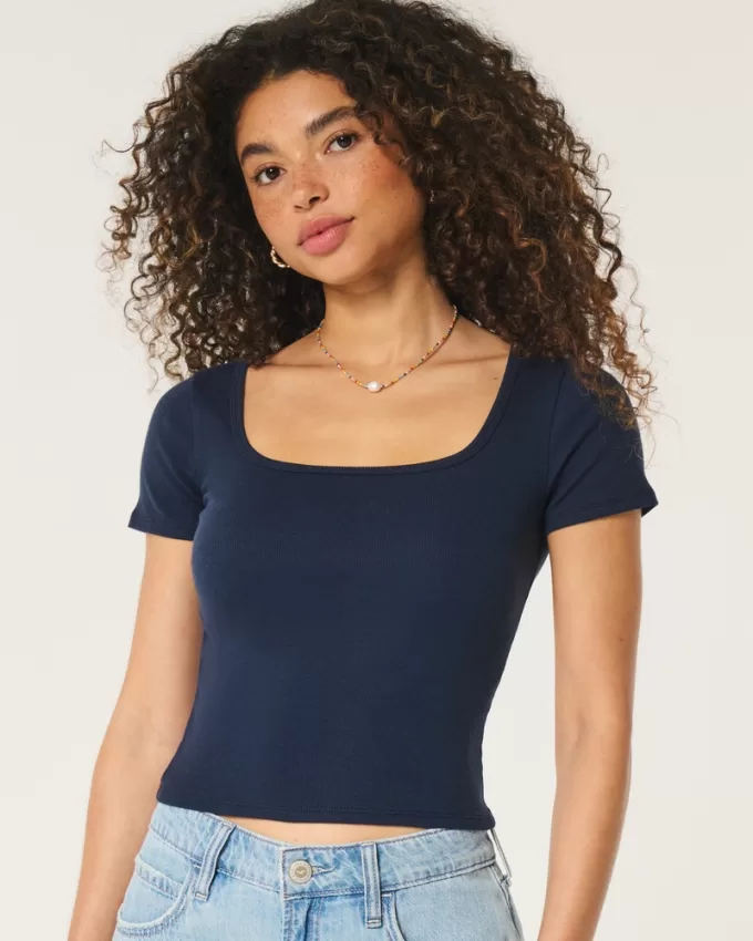 Ribbed Square-Neck Baby Tee,Ribbed Square-Neck Baby Tee