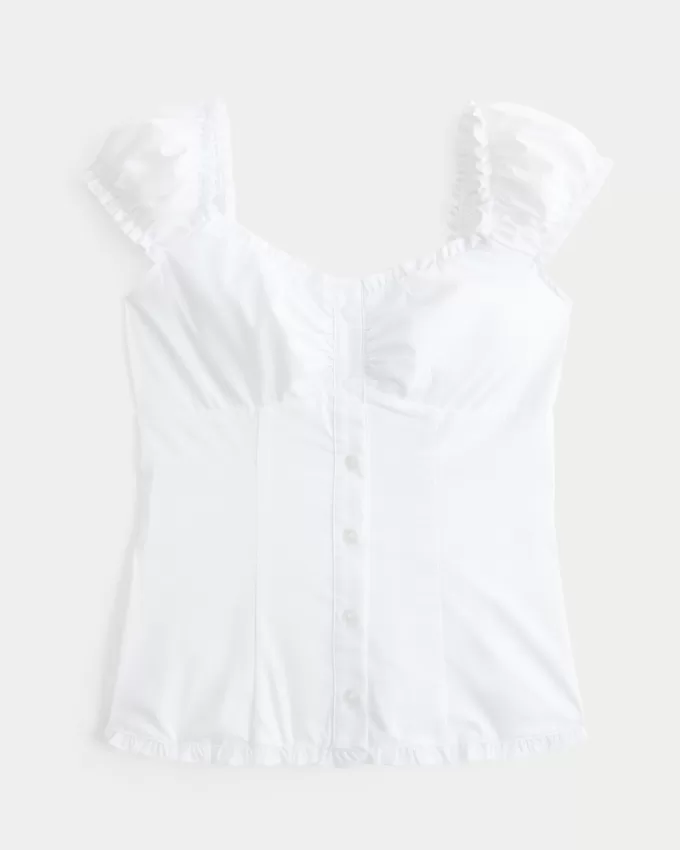 Ruffle Trim Poplin Blouse,Ruffle Trim Poplin Blouse