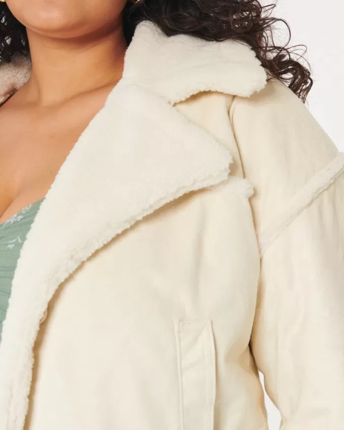 Sherpa-Lined Faux Suede Crop Biker Jacket,Sherpa-Lined Faux Suede Crop Biker Jacket