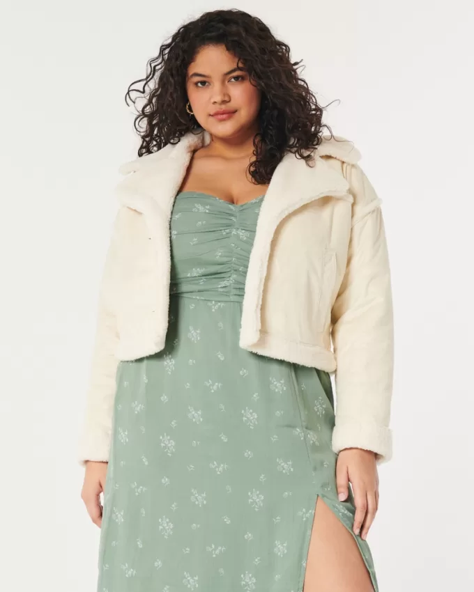 Sherpa-Lined Faux Suede Crop Biker Jacket,Sherpa-Lined Faux Suede Crop Biker Jacket