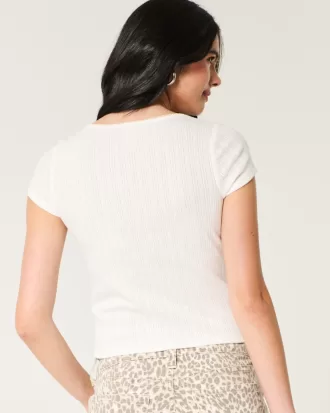Short-Sleeve Button-Through Pointelle Top,Short-Sleeve Button-Through Pointelle Top