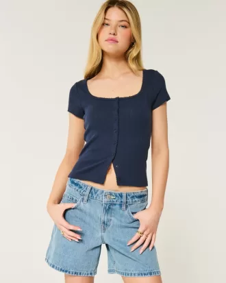 Short-Sleeve Button-Through Pointelle Top,Short-Sleeve Button-Through Pointelle Top