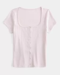 Short-Sleeve Button-Through Pointelle Top,Short-Sleeve Button-Through Pointelle Top