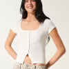 Short-Sleeve Button-Through Pointelle Top,Short-Sleeve Button-Through Pointelle Top