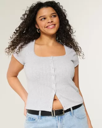 Short-Sleeve Button-Through Pointelle Top,Short-Sleeve Button-Through Pointelle Top