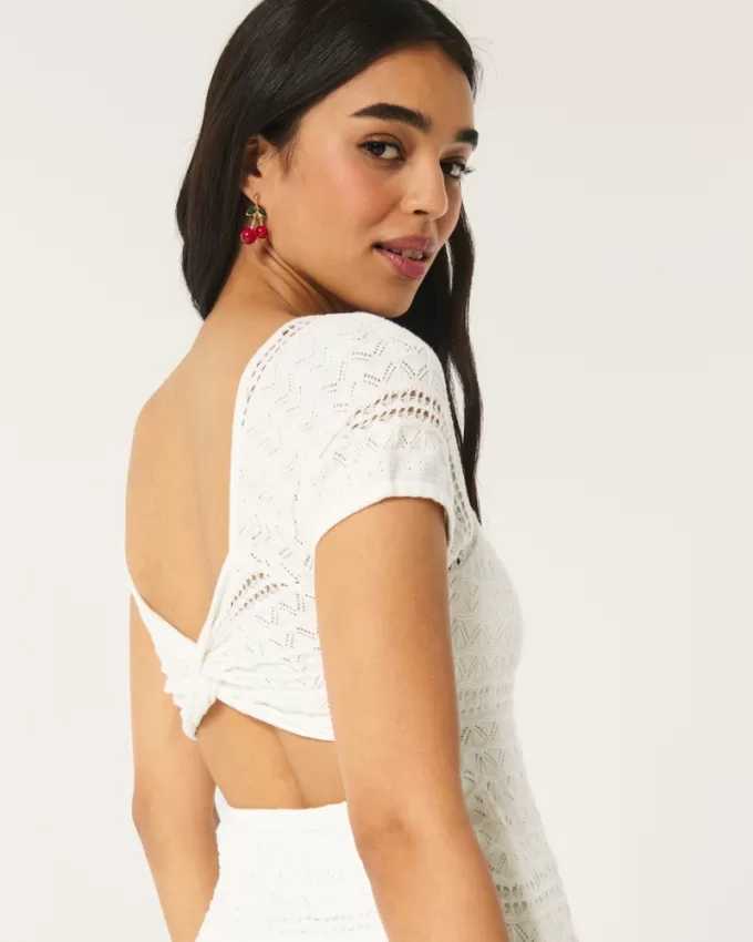 Short-Sleeve Crochet-Style Twist Back Mini Dress,Short-Sleeve Crochet-Style Twist Back Mini Dress