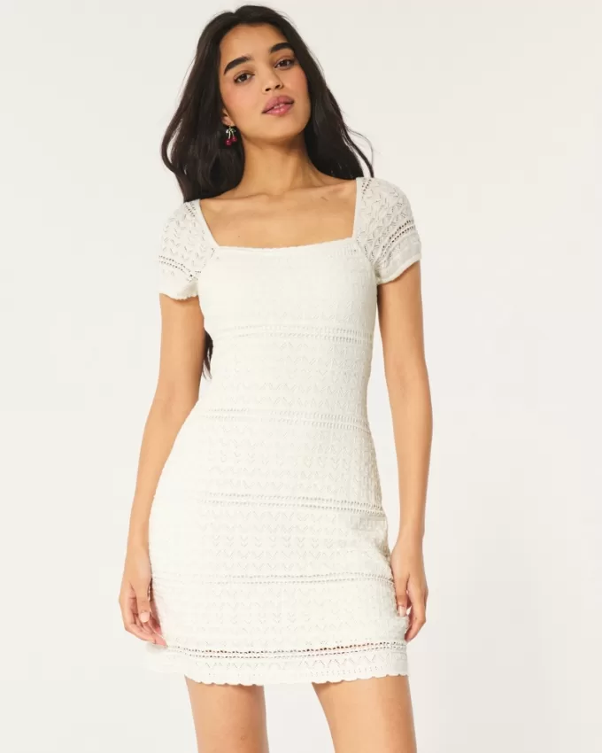 Short-Sleeve Crochet-Style Twist Back Mini Dress,Short-Sleeve Crochet-Style Twist Back Mini Dress