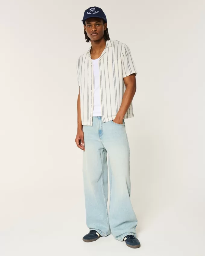 Short-Sleeve Textural Stripe Shirt,Short-Sleeve Textural Stripe Shirt