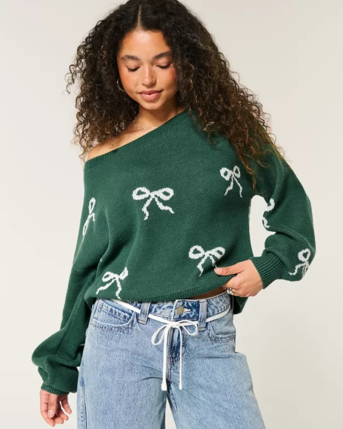 Slouchy Bow Graphic Sweater,Slouchy Bow Graphic Sweater