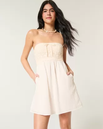 Strapless Crochet-Style Mix Mini Dress,Strapless Crochet-Style Mix Mini Dress