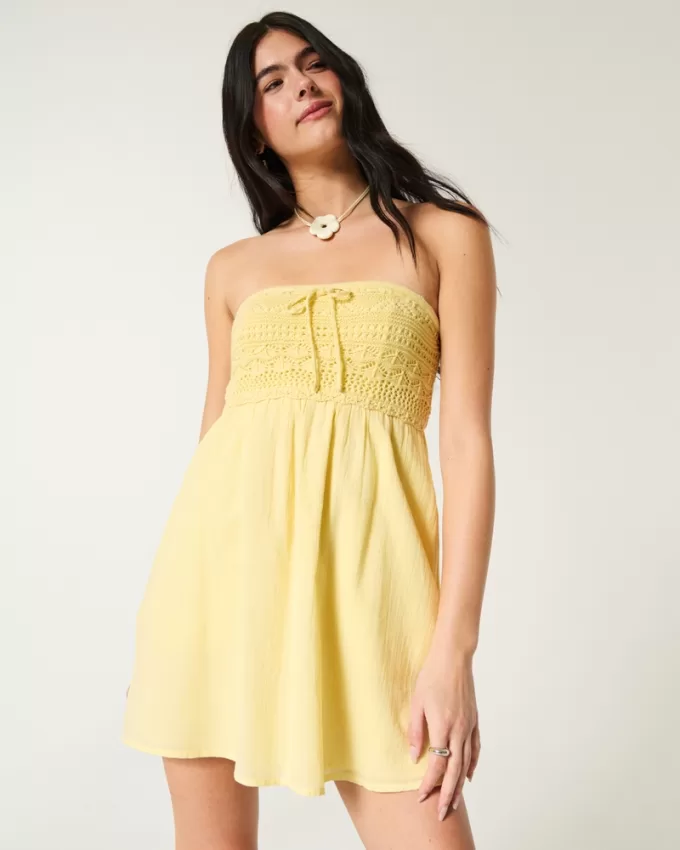 Strapless Crochet-Style Mix Mini Dress,Strapless Crochet-Style Mix Mini Dress