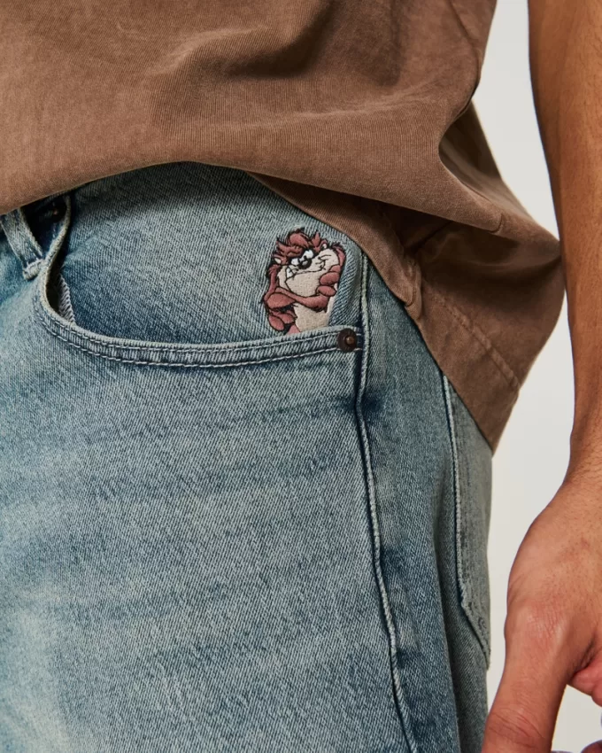 Taz Graphic Medium Wash Super Baggy Denim Shorts,Taz Graphic Medium Wash Super Baggy Denim Shorts