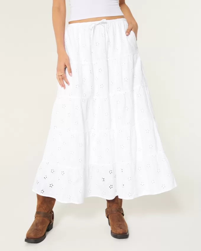 Tiered Eyelet Maxi Skirt,Tiered Eyelet Maxi Skirt