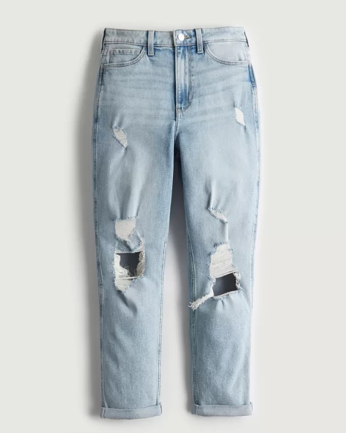 Ultra High-Rise Ripped Light Wash Mom Jeans,Ultra High-Rise Ripped Light Wash Mom Jeans