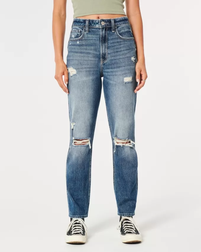 Ultra High-Rise Ripped Medium Wash Mom Jeans,Ultra High-Rise Ripped Medium Wash Mom Jeans