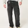 Washed Black Baggy Cargo Jeans,Washed Black Baggy Cargo Jeans