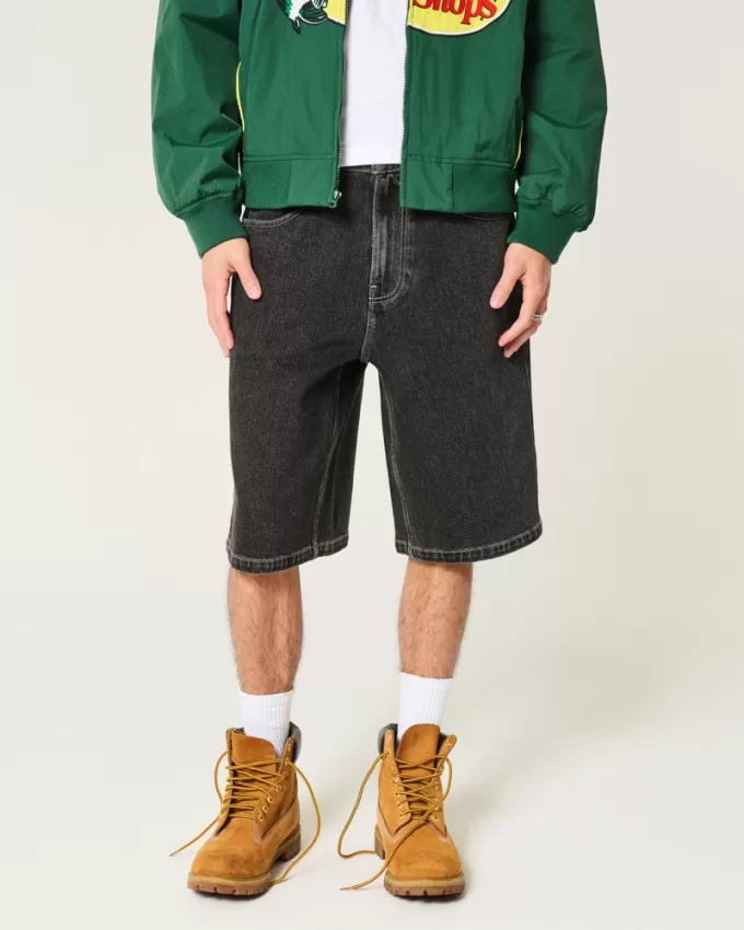 Washed Black Cat Graphic Super Baggy Denim Shorts,Washed Black Cat Graphic Super Baggy Denim Shorts