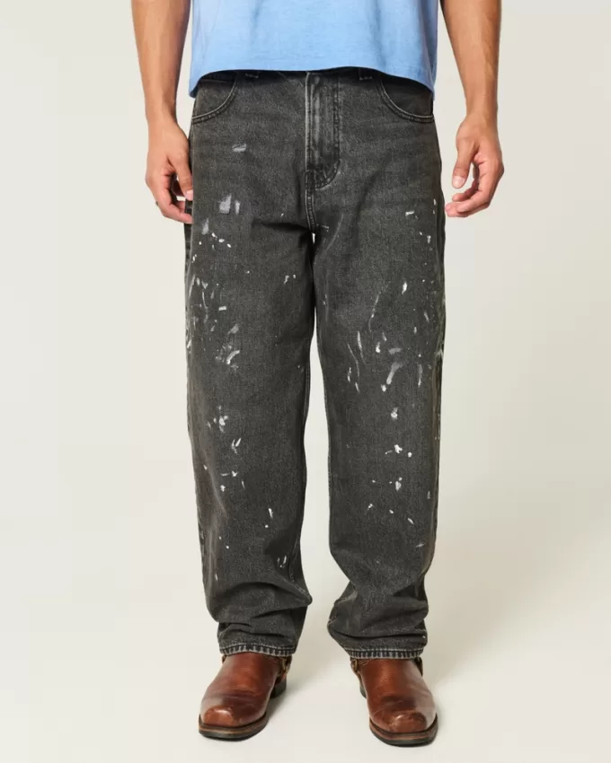 Washed Black Paint Splatter Baggy Skater Jeans,Washed Black Paint Splatter Baggy Skater Jeans